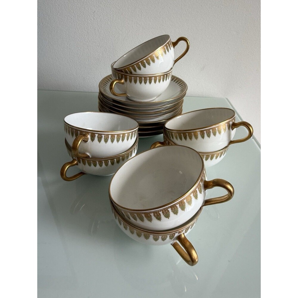 Theodore Haviland Limoges France Set of 8 Teacups & Saucers Gold Green Vintage